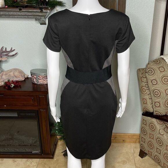 Roulette Black Gray Colorblock Side Panels Short Cap Sleeves Belted Dress Size 4 - Picture 4 of 15